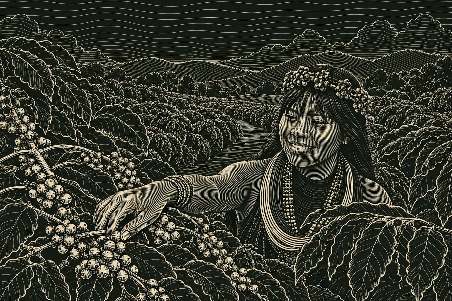 Line drawing of a smiling woman in beaded necklaces and a crown of coffee cherries, picking from a branch heavy with cherries, with rows of coffee and hills behind.