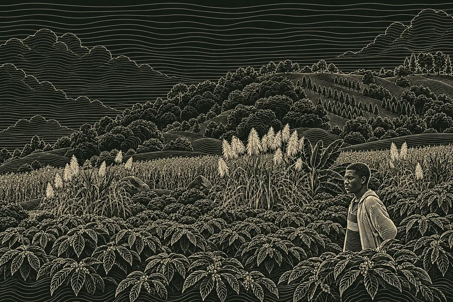 Line drawing of a man standing among coffee plants hung with cherries, tall grasses in flower behind him and wooded hills under a clouded sky.