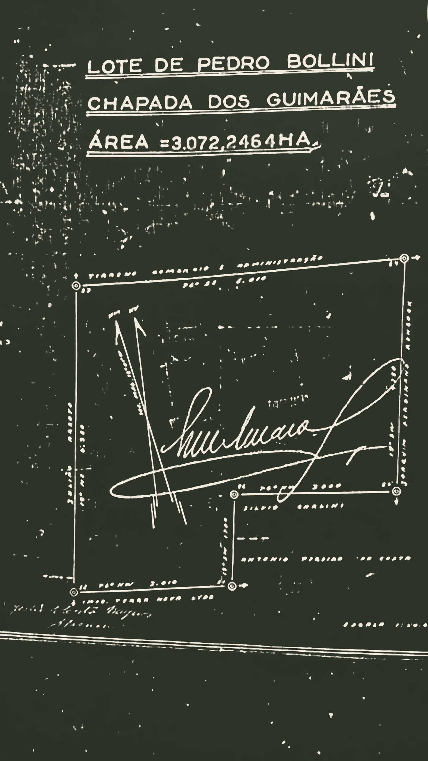 The survey map attached to the title, headed “Lote de Pedro Bollini, Chapada dos Guimarães, Área = 3.072,2464 ha”: a six-sided lot drawn with its boundary markers, bearings and distances, the neighboring holdings named along each side, and a signature across it.